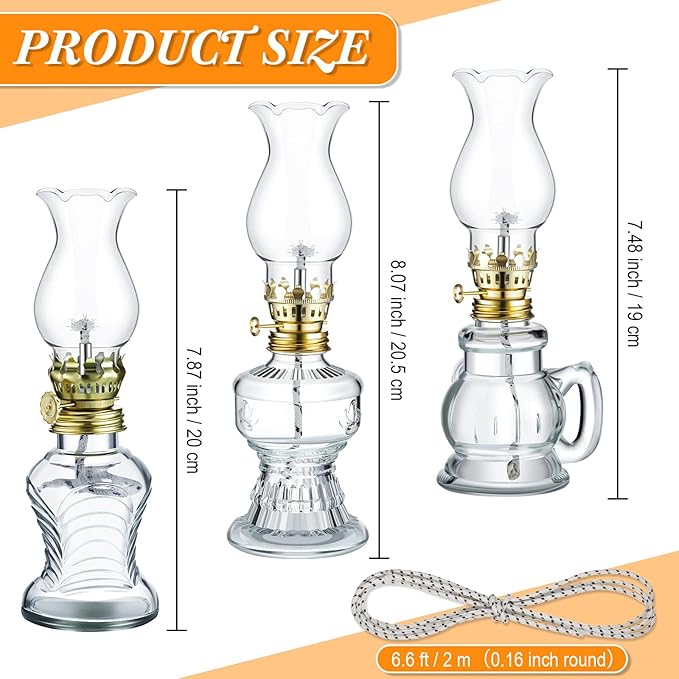 Yexiya 6 Pcs Chamber Oil Lamps Oil Lamp Vintage Glass Kerosene Lamp Bulk with Adjustable Fire Wick Rustic Clear Hurricane with 6.6 ft Extra Wick for Indoor Use Home Decor 8 Inch (Classic Style)