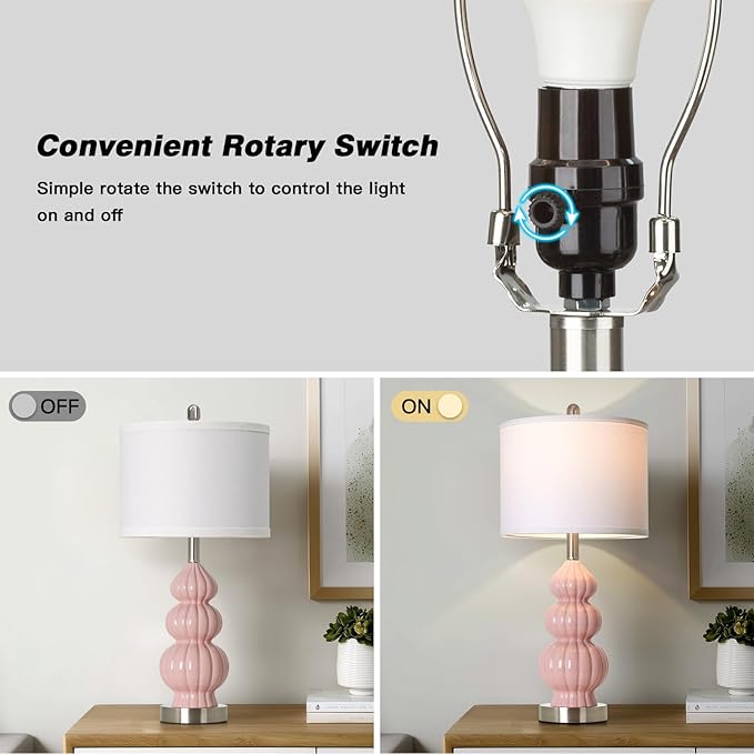 26.5" Pink Ceramic Table Lamps Set of 2, Modern Bedside Lamps for Girls Room, Triple Gourd Table Lamp for Living Room End Table or Bedroom Nightstand (2 LED Bulbs Included)