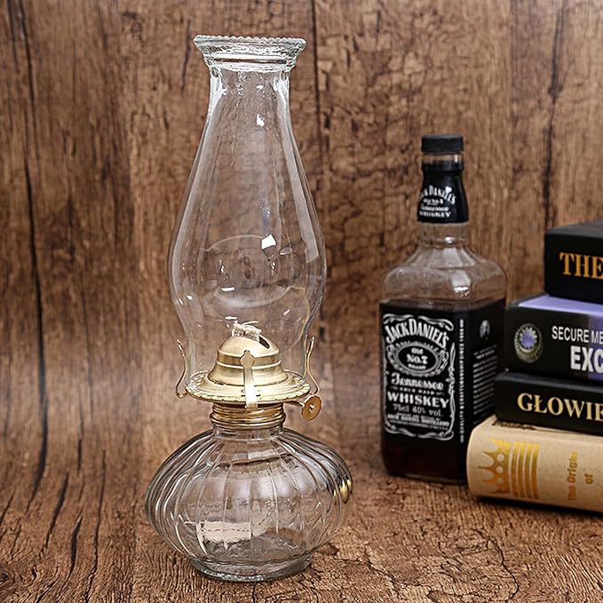 Large Oil Lamp for Indoor Use,Rustic Kerosene Lamp with 2 Pcs Wicks and 1 Tweezers,Glass Hurricane Lantern for Home Emergency Lighting (Clear)