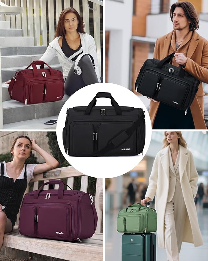 MILADA Carry On Luggage Bags for Travel Large Foldable Duffle Bag for Travel Lightweight Personal Bags for Airplanes Weekend Overnight Bags for Women Mens Travel Bag, Black