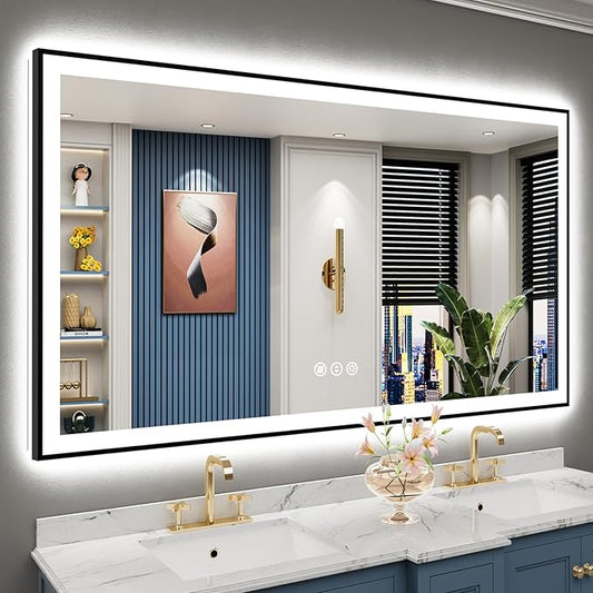 66x36 Inch Black Framed LED Bathroom Mirror with Lights, Backlit & Front Lit, Anti-Fog Lighted Vanity Mirrors for Bathroom Wall, Dimmable, 3-Color Light, Memory, Shatter-Proof, Tempered Glass
