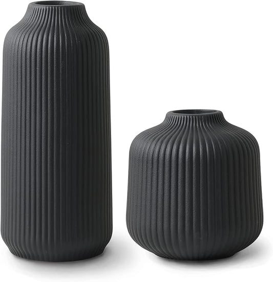 Ceramic Vases in Nordic Style, Modern Vase Deco for Pampas Grass, Boho Deco for Windowsill, Vases Set in Black Matt, Flower Vase as Home Decoration for Fresh Flowers, Dried Flowers, Set of 2