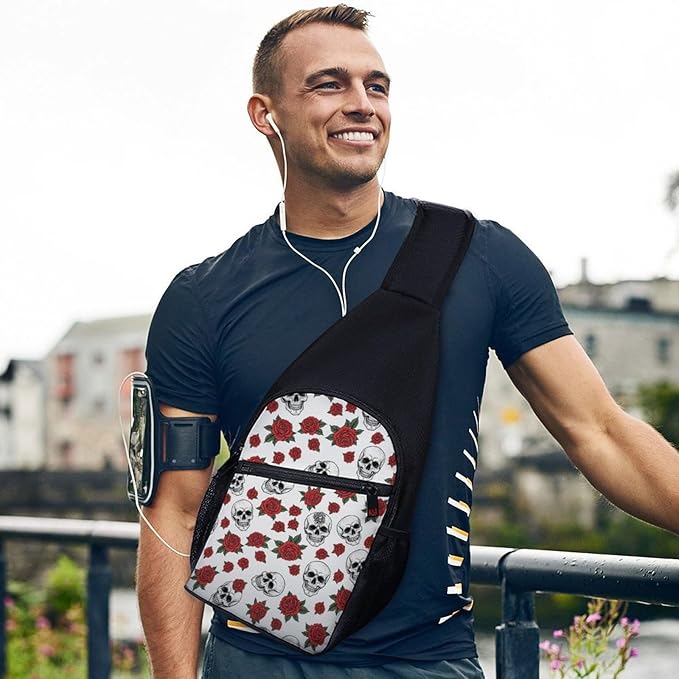 SWEET TANG Casual Sling Backpack Chest Shoulder Crossbody Backpacks, Unbalance Gym Funny Sack, Halloween Skull Rose Flower, Satchel Travel Bag Outdoor Hiking Daypack for Men Women