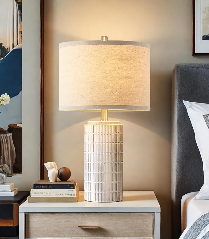23'' Set of 2 Modern Ceramic Table Lamps for Living Room Bedroom, Nightstand Farmhouse Beige White Desk Lamp for Bedside End Table Entryway, 2 LED Bulbs Included