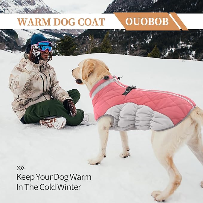 OUOBOB Large Dog Coat, XXLarge Dog Winter Coat, Waterproof Pet Jacket with Back Zipper,Extra Large Pet Coats, Warm Fleece Jacket with D-Ring, Windproof Winter Clothes Golden Retriever,Pink,XXL