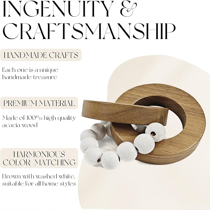 Oakrain 2pcs Wood Chain Link Decor, Minimalist Home Décor Accents, Natural Boho Farmhouse Rustic Handmade Wood Knot Decor for Shelf Coffee Table, Best Housewarming Gifts