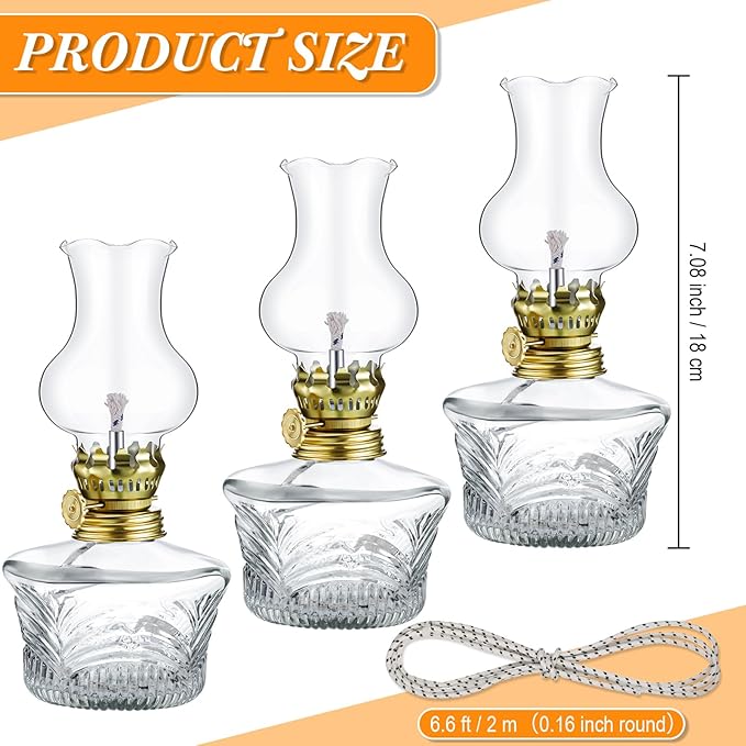 Yexiya 6 Set Vintage Glass Kerosene Lamp Rustic Oil Lamp Lantern Chamber Oil Clear Kerosene Hurricane with 6.6 ft Extra Wick for Indoor Use Lighting Decor Emergency (Ripple Style)