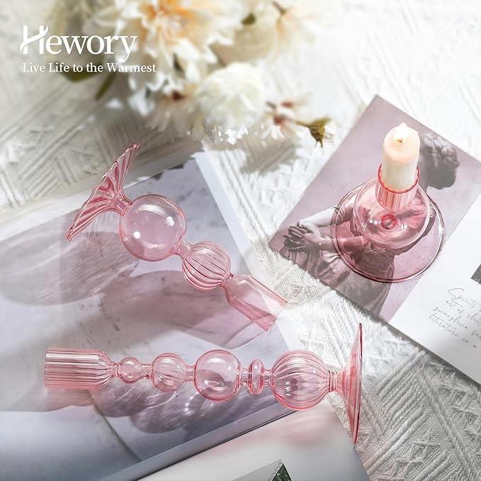 Hewory Glass Candlestick Holders Set: 3PCS Pink Candle Holder Taper Candle Holders Bulk, Crystal Ribbed Candle Sticks Holder Decor for Table Centerpiece Wedding Christmas Thanksgiving Dinner