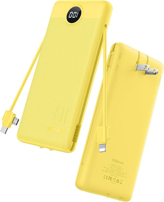 VRURC Portable Charger with Wall Plug, 10000mAh PD 20W Fast Charging Slim Portable Charger Built in Cables Power Bank with Cords,USB C Portable Phone Charger Travel Accessories -Yellow(1 Pack)