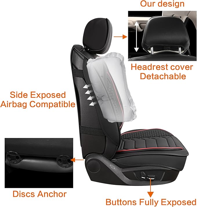 HAIYAOTIMES Leather Car Seat Covers Front Pair, Waterproof Faux Leather Seat Covers for Cars, Non-Slip Car Interior Covers Universal Fit for Most Cars Sedans Trucks SUVs, Black/Red