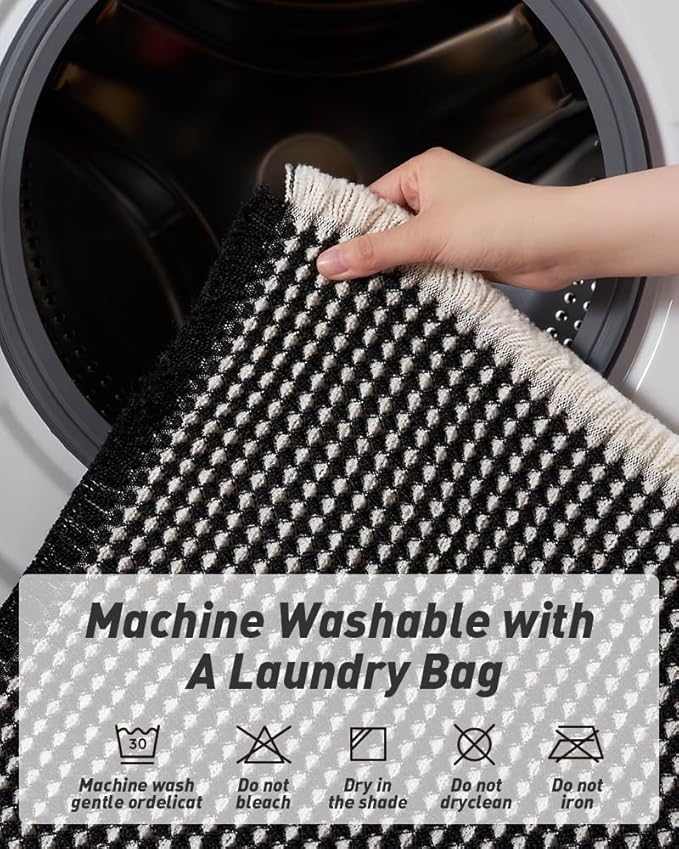 AMOAMI Upgraded Waffle Bath Mat, Super Absorbent Non Slip Bath Mats for Bathroom Floor, Machine Washable Bathroom Rugs with Tassels, Rubber Backed Bathroom Mats, Ultra Soft, 17" x 24",Black & Cream
