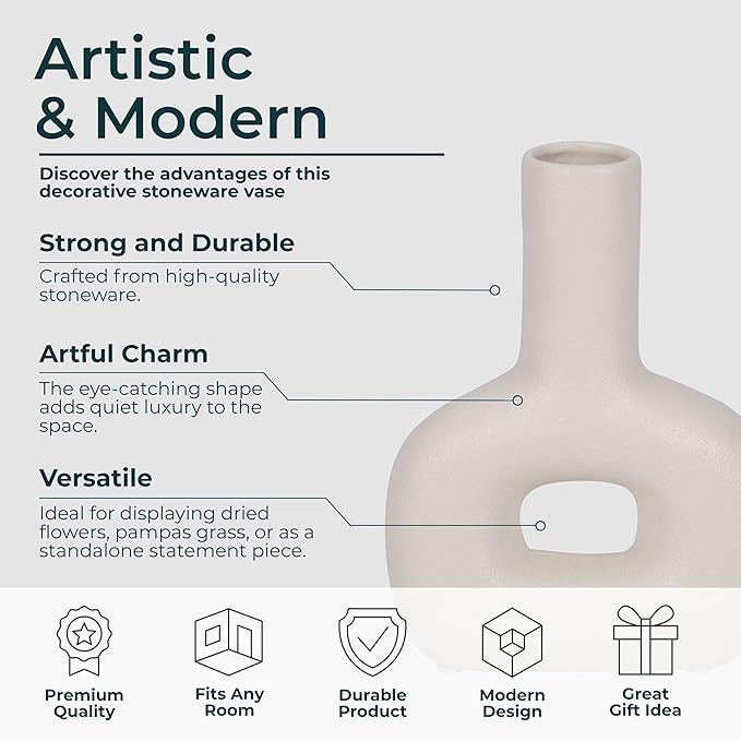 Decorative Flower Vase for Home Decor – Ceramic Modern Flower Vase With Open Cut Design, Stylish Table Centerpiece for Living Room or Entry Display, Modern for Faux Flowers and Greenery – 8", Ivory