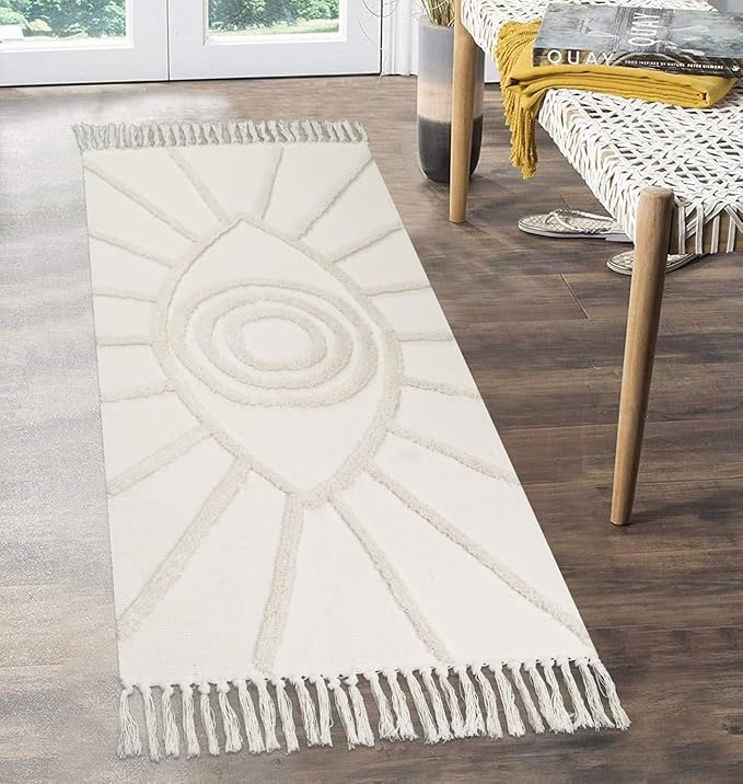 Uphome Kitchen Runner Rug 2'x4.3' Beige Evil Eye Tufted Boho Rug with Tassels Soft Cotton Washable Entryway Rugs Modern Minimalist Accent Rug for Bedroom Doormat Hallway Laundry Room