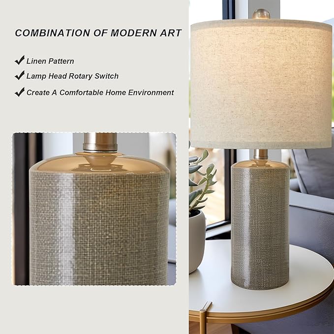 20.25" Small Table Lamps Set of 2 Modern Ceramic Lamps for Living Room Farmhouse Bedside Lamps Boho Lamps for Night Stands Grey Bedroom Lamp Side End Table Lamps