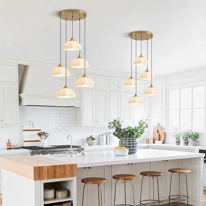 Modern 5 Light Brushed Gold Pendant Lighting Mid Century Milk Glass Cluster Pendant Lights Kitchen Island Adjustable Brass Hanging Chandelier Vintage White Ceramic Light Fixture MPL17-5R GD
