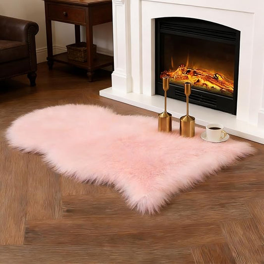 Pink Samll Faux Fur Sheepskin Area Rug for Living Room Bedroom, 2 x 3 Feet Ultra Soft Shaggy Fuzzy Furry Carpet Chair Throw Rugs for Kids, Girls, Nursery Room Decor Dorms