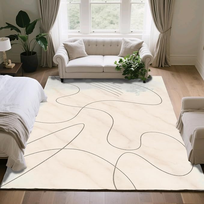 Modern Marble Rug - 5x7 Area Rugs, Abstract Line Marble Rug, Minimalist Geometry Bedroom Rugs, Washable & Non Slip Carpet Home Decor