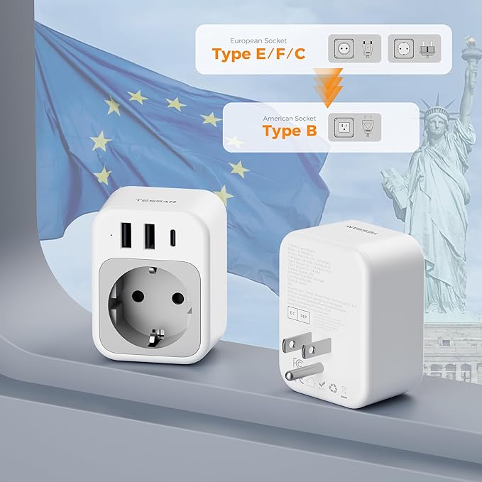 TESSAN EU to US Plug Adapter, European Travel Adaptor with 1 AC Outlet and 3 USB Ports(1 USB C), Most of Europe Germany France Korea Greece Type C/E/F Plugs to US Power Adapter