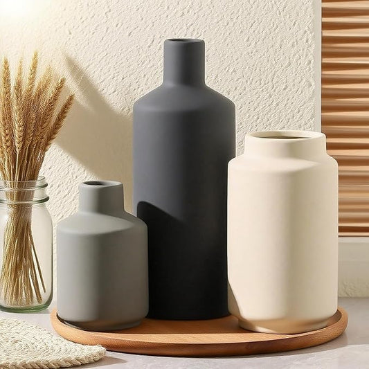 Modern Ceramic Vase Set, Neutral Decorative Vases for Home Decor, Small Flower Pottery Vase Sets for Pampas Grass Dried Flowers, for Living Room, Mantel, Shelf, Bedroom, Bathroom
