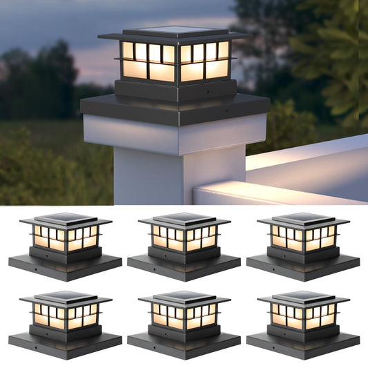 LUTEC Solar Post Cap Lights, IP65 Waterproof, Warm White 3000K, 6 Pack, Black, for 4x4 5x5 6x6 Wooden/Vin
