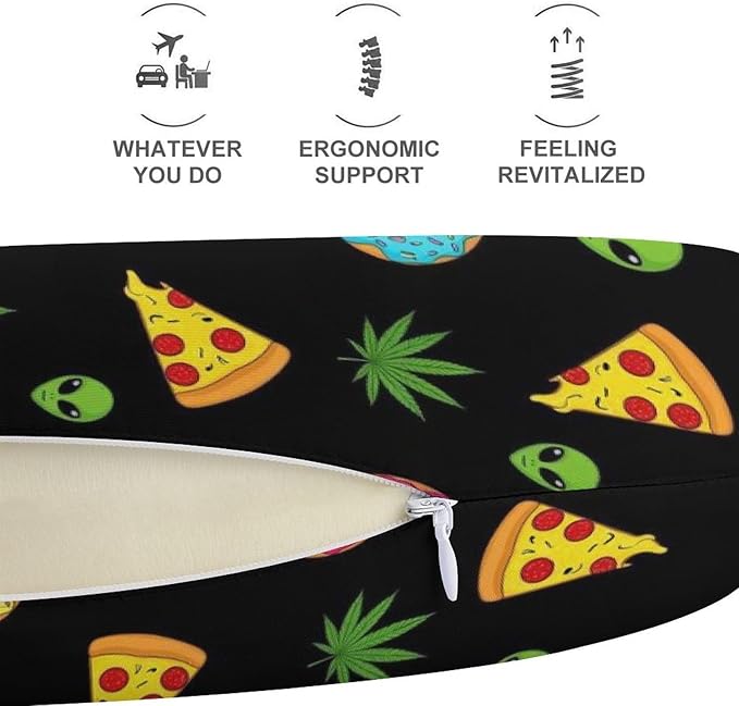Travel Neck Pillow Memory Foam U Shaped Cushion Alien Donut Pot Leaf Weedleaf Pizza Black, Washable Cover for Airplane Car Office Home Sleeping Pain Relief