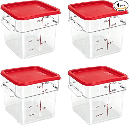 TSUBOR 4 Pack Food Storage Containers with Red Lids, 12.0 Qt - Square, Clear, Polycarbonate, for Restaurant Commercial Kitchen and Home party