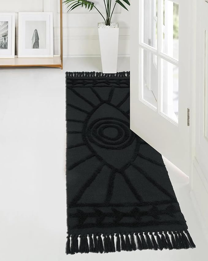Uphome Boho Runner Rug 2'x5' Washable Evil Eye Tufted Bedroom Rugs with Tassels Soft Cotton Woven Kitchen Rug Modern Minimalist Dark Gray Throw Rugs for Living Room Laundry Room Bathroom
