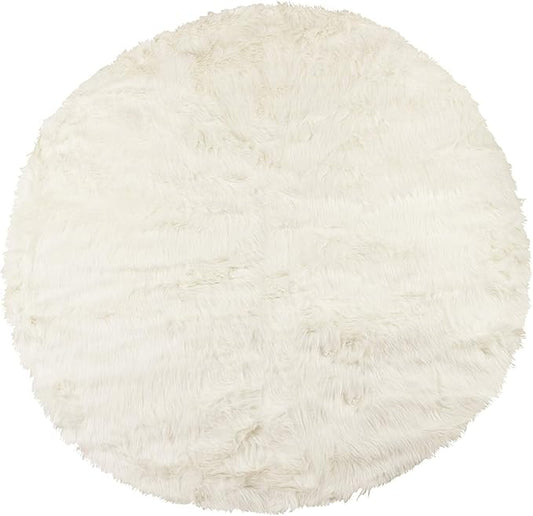 Luxe Gordon Faux Fur Rug with Soft and Fluffy Pile | Machine Washable Living Room Rug with Anti-Slip Backing | Cruelty-Free Area Rugs for Office or Bedroom, White, 6 ft Dia.