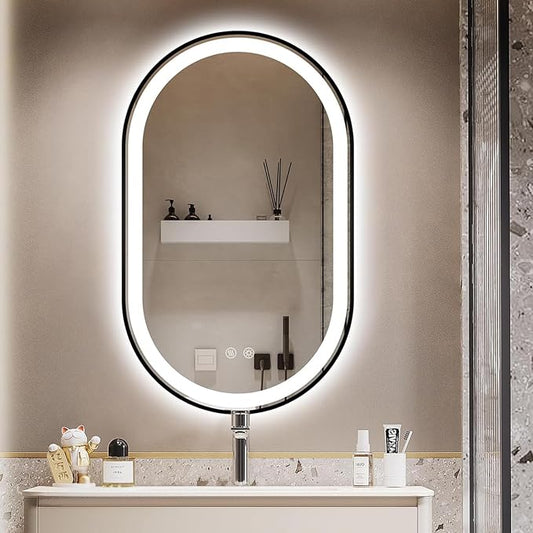 Niccy Oval LED Mirror for Bathroom, 40x24 Front Lit + Backlit Vanity Mirrors with Light Anti-Fog, Shatter-Proof, 3 Colors, Makeup Mirror with Black Frame (Horizontal/Vertical)