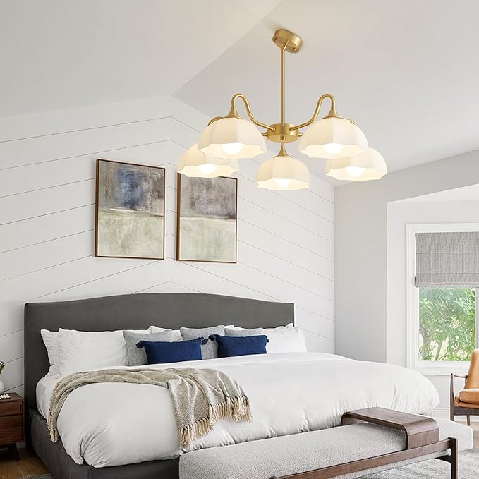 5 Light Modern Gold Chandelier Milk Glass Sputnik Pendant Light Mid Century Nordic White Ceramic Kitchen Island Hanging Lights Dining Room Lighting Fixtures Over Table Chandelier MPL13-5 GD