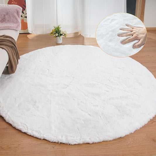 White Shag Round Rugs 8ft for Dining Room Table Faux Bunny Machine Washable Fur Area Rugs for Bedroom Living Room Nursery Circle Rug