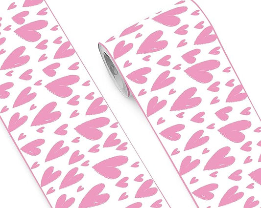 FLFK Pink Heart Wallpaper Border - Peel and Stick Wall Paper, Self Adhesive Removable PVC Borders Sticker, Modern Waterproof Trim for Home Decor, 9" x 240"