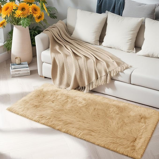 Ciicool Faux Fur Rug for Bedroom, Beige Fluffy Shag Rugs for Sofa Couch Seat Cushion, Washable Fuzzy Runner Thick Fur Area Rug Floor Carpets for Bedside Living Room, 2x6 Ft Rectangle