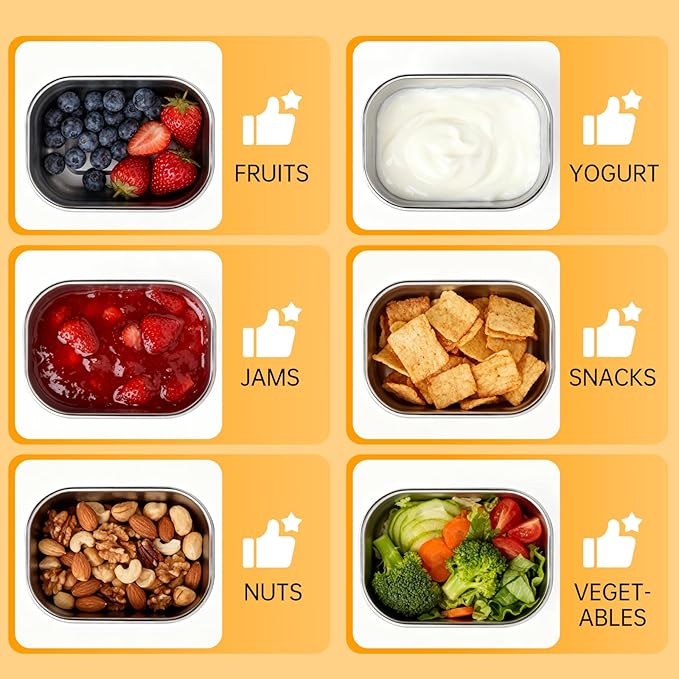 Fevbcnrj 4 Pack Stainless Steel Snack Containers, 8 oz Chip Container for Lunch Box, Easy Open No Leakage, Small Snack Containers with Silicone Lid, Stackable Metal Lunch Box for Outdoor and Travel