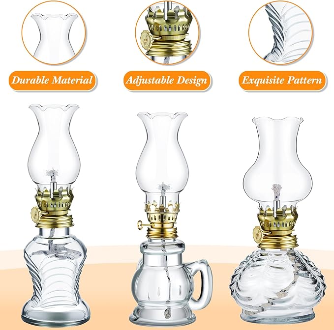 Yexiya 6 Pcs Chamber Oil Lamps Oil Lamp Vintage Glass Kerosene Lamp Bulk with Adjustable Fire Wick Rustic Clear Hurricane with 6.6 ft Extra Wick for Indoor Use Home Decor 8 Inch (Simple)