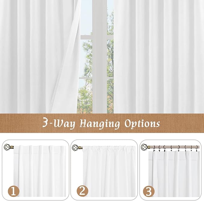 LAMIT 100% Blackout Curtains for Living Room, 95 Inches Linen Textured Thermal Insulated Bedroom Curtains Back Tab and Rod Pocket Farmhouse Panels with White Liner, 2 Panels, 52 x 95 Inch, White