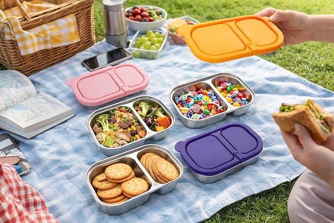 SHRONGZHI 304 Stainless Steel 2-Compartment Snack and Lunch Container with Easy-Open Silicone Lid, Built-In Utensil Clip, Leak-Proof and Stackable Design - Reusable Food Storage Box (SET B, 3 Pack)
