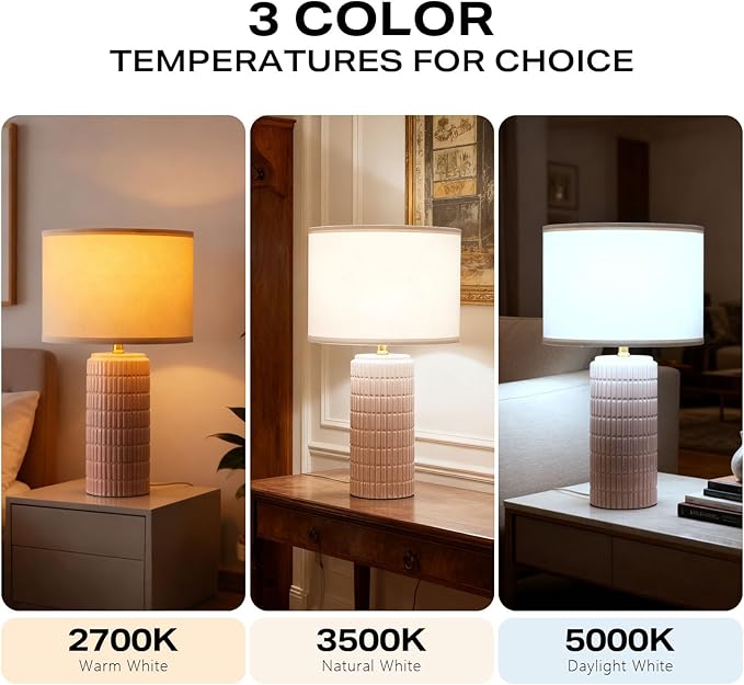 Modern Ceramic Table Lamp Set of 2, Bedside Lamp for Bedroom Decor, Nightstand Lamp with 3 Color Temperatures, Desk Light for Living Room Dorm Office, White