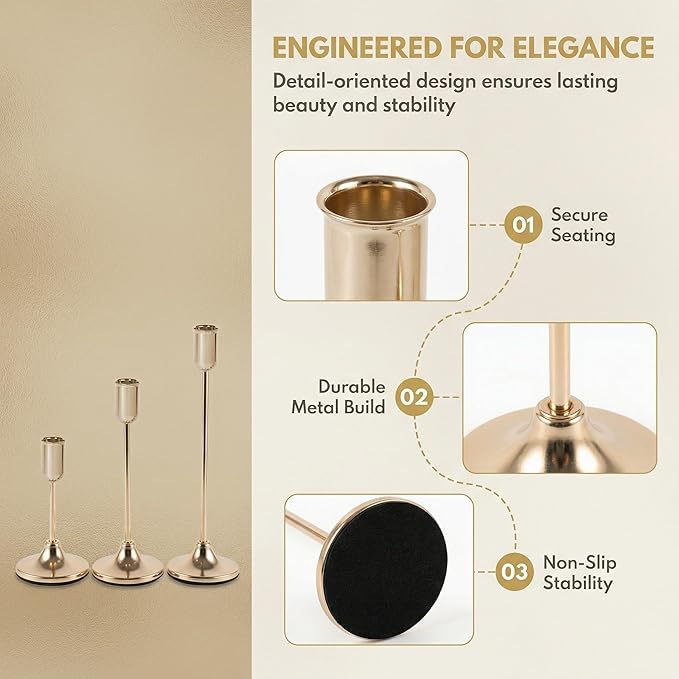 54 Pcs Gold Candlestick Holders Set - Vintage Brass Taper Candle Holder for Pillar Candles - Modern Decorative Centerpiece for Wedding Fireplace Mantel Decor - Cozy Atmosphere Housewarming Gift