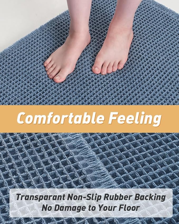 AMOAMI Upgraded Waffle Bath Mat, Super Absorbent Non Slip Bath Mats for Bathroom Floor, Machine Washable Bathroom Rugs with Tassels, Rubber Backed Bathroom Mats, Ultra Soft, 17" x 24", Blue