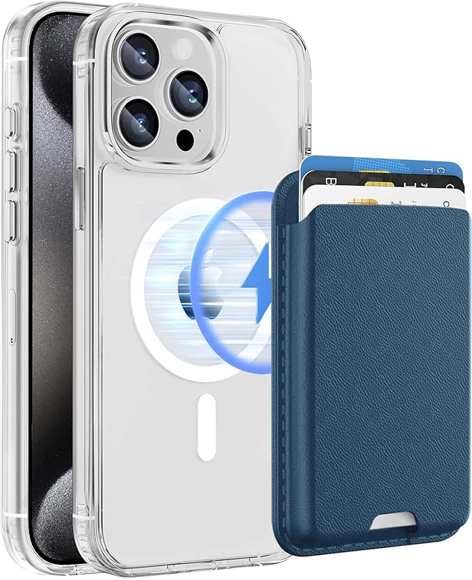 Ntwinro Magnetic for iPhone 12 & iPhone 12 Pro Clear Case (Compatible with MagSafe) with Blue Detachable Wallet & Card Holder for 3 Cards [RFID Blocking] Military Grade Protective Slim Phone Cover