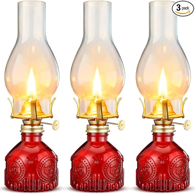 3 Pcs Red Chamber Oil Lamps for Indoor Use 10.6'' Vintage Kerosene Lamp Hurricane Oil Lantern Adjustable Fire Wick Decorative Lantern for Valentines Wedding Table Decor Emergency Lighting