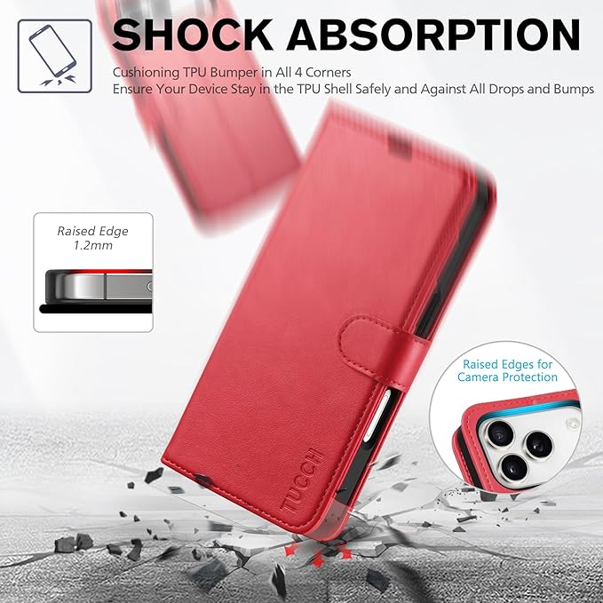 TUCCH Wallet Case for iPhone 17 Pro (6.3-Inch) 2025, RFID Blocking 4 Card Slots | Kickstand | Magnetic Closure | PU Leather | Shockproof TPU Shell | Protective Flip Folio Cover | Red