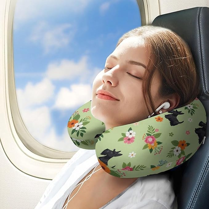 Luxury Memory Foam U-Shaped Neck Pillow Travel Support, Black Scottie Dog U-Shape, Removable Breathable Cover Home Office