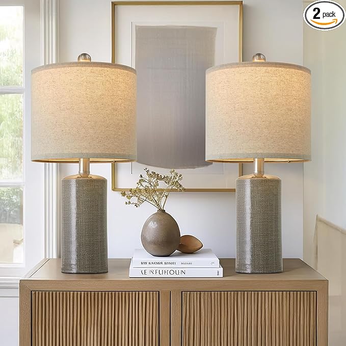 20.25" Small Table Lamps Set of 2 Modern Ceramic Lamps for Living Room Farmhouse Bedside Lamps Boho Lamps for Night Stands Grey Bedroom Lamp Side End Table Lamps