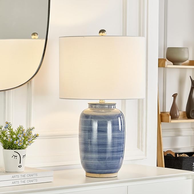 Maxax 25" Blue Table Lamp for Living Room, Modern Ceramic Lamp with White Shade, Coastal Blue Bedside Nightstand Lamp for Bedroom Home Office