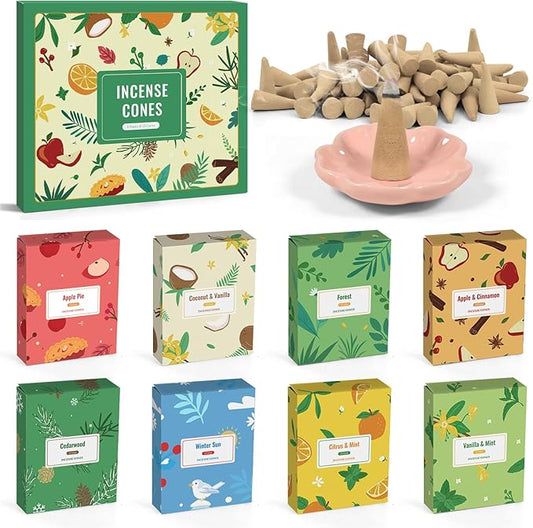 STRN Incense Cones 120 Scented Cones for All Seasons, Assorted Cone Incense Scents with Incense Holder, Vanilla Mint Coconut Cedarwood Apple Pie Forest Citrus Cinnamon