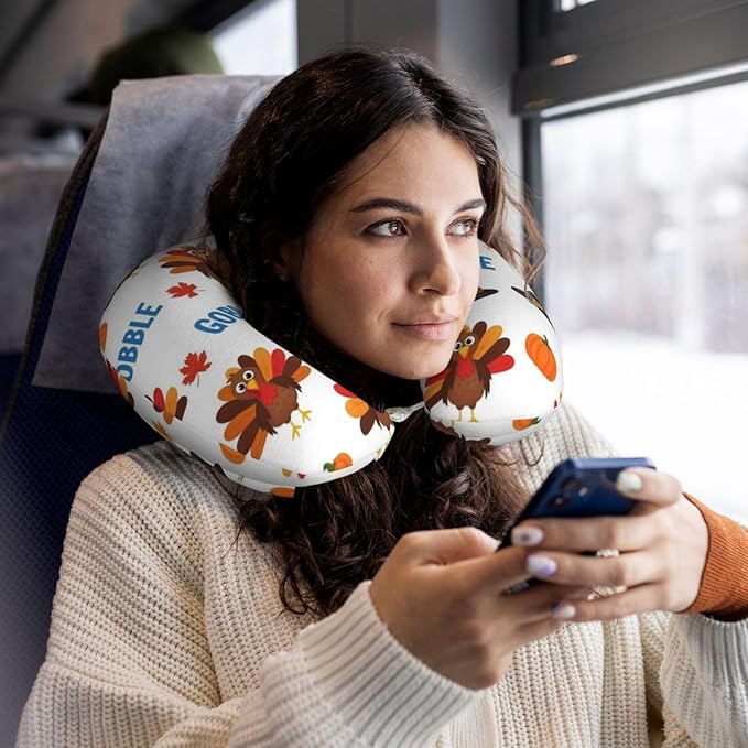 Breathable Neck Pillow for Sleeping Rest Nap Thanksgiving Funny Turkey, Airplanes/Car/Home Memory Foam Travel Cushion with Polyester Cover Washable for Women Men