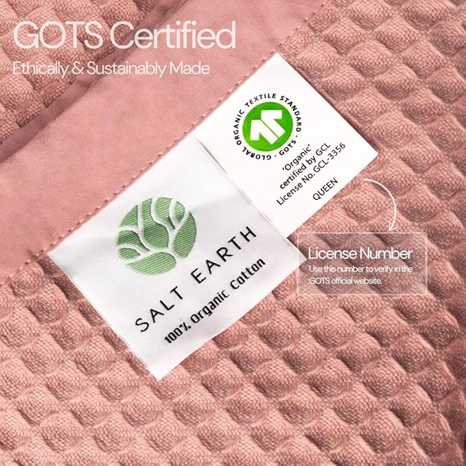 Salt Earth GOTS Certified 100% Organic Cotton Throw Blanket, 55"x60" Waffle Blankets & Throws for Bed, Throw Blanket for Couch, Cozy Christmas Blankets and Throws for Christmas Gifts (Misty Rose)
