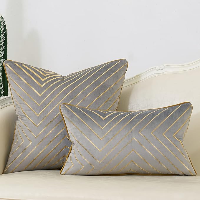 Avigers 12 x 20 Inch Grey Gold Striped Geometric Lines Embroidery Velvet Cushion Case Luxury Modern Lumbar Throw Pillow Cover Decorative Pillow for Couch Living Room Bedroom Car 30 x 50cm